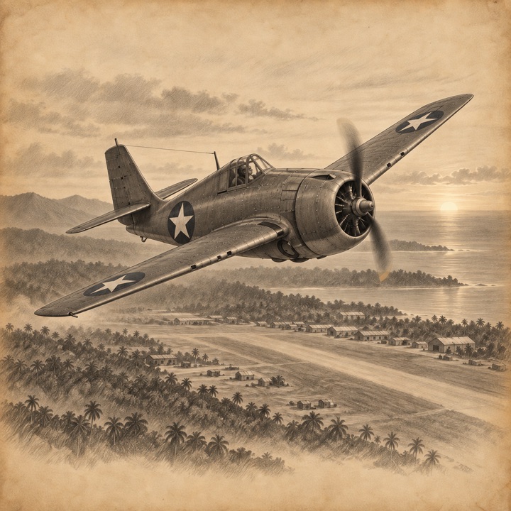 A Wildcat low over an island airfield